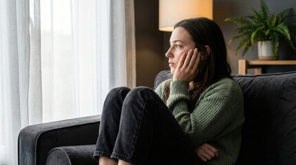 Depressed teenager looking window in quiet living room with soft natural light
