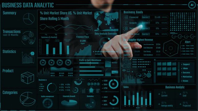 Explore an advanced business data analytics interface featuring statistics, market share insights, and transaction trends for informed decision making and strategic planning. Cipher