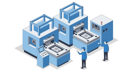 Obraz premium Modern industrial manufacturing machines with technicians overseeing operations.