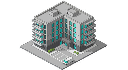 Obraz premium Modern Isometric Apartment Building with Balconies and Parking.
