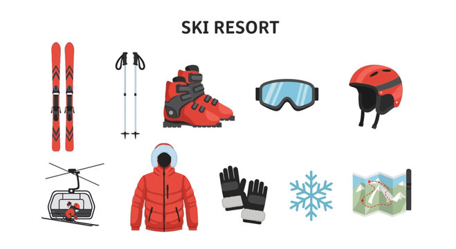 A collection of red and black ski resort equipment and winter symbols on white