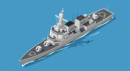 Modern Warship Sailing on Calm Blue Water Isometric View. © Fais