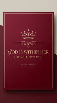 Minimal crown symbol in gold line, matte crimson background, luxury Christian poster, Bible verse &ldquo;God is within her she will not fall &mdash; Psalm 46:5&rdquo;

