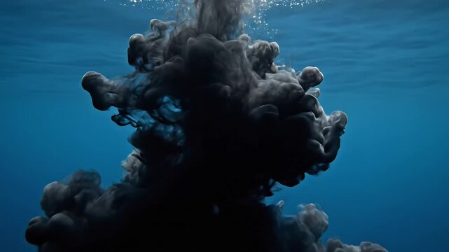 Dark ink cloud blending in the crystal blue water creates a dramatic underwater visual effect. The contrast of the dark ink against the blue water makes a striking visual