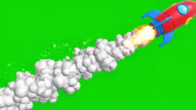 Rocket Launch Upward Transition with 3d cartoon space on green screen background animation distortion, overlay, glitch, static noise, scan lines black background, 4k animated video loop