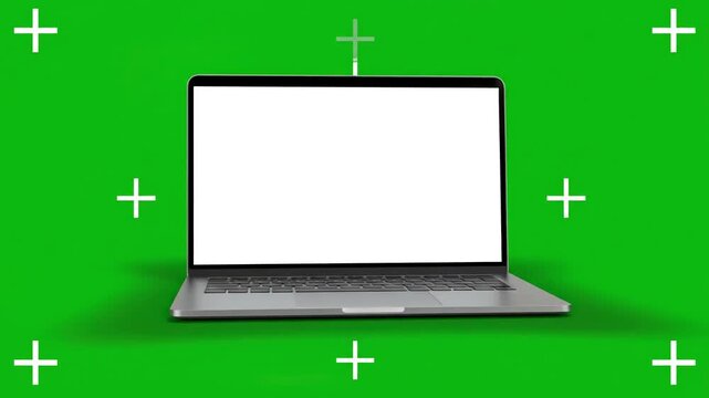 Isolated Tech Device with the laptop smoothly rotates towards camera revealing its screen and switching it on video features a luma matte or cut out mask for shadow layer tracking marks distortion