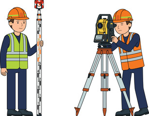 Professional Land Surveyors Team Using Total Station and Leveling Staff on Construction Site Engineering Measurement Vector Illustration Concept