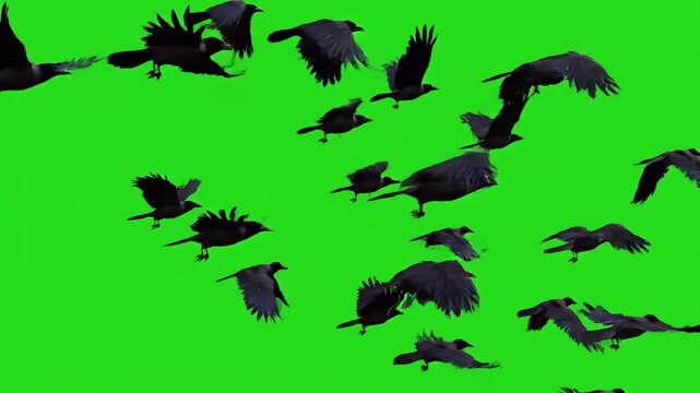Flock of Birds with black crows flying isolated on green screen distortion, overlay, glitch, static noise, scan lines background, 4k animated video loop