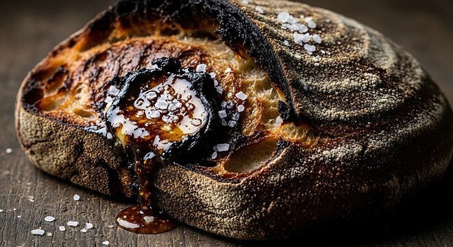 Freshly baked brioche with caramelized sugar on a rustic wooden table, viewed from above, showcasing the sweet, golden-brown treat in a homey environment.