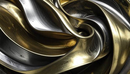 Abstract fluid gold and silver metallic ribbons swirling in elegant flow creating a mesmerizing vortex of light and shadow for modern aesthetic designs