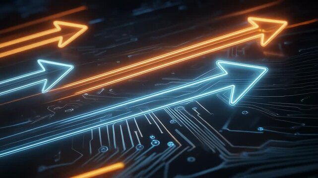 Futuristic glowing arrows on digital circuit board symbolizing technology growth and innovation