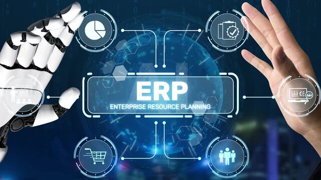 ERP platform visual showing centralized system for enterprise resource planning, improving integration, data flow, business efficiency, finance, inventory, and human resources. Muxer