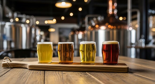 Assorted beer glasses on a wooden board, brewery background, close-up shot from a straight-on viewpoint