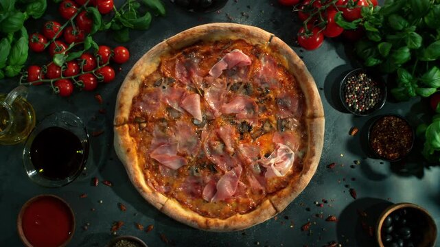 Rotating Fresh Pizza Capricciosa, Endless Loopable Slow Motion Shot.