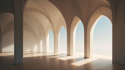 Obraz premium Minimalist arched architectural interior with warm sunlight and soft shadows.