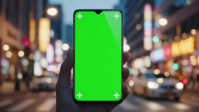 Customizable Device Mockups with close up of young casual woman drinking coffee holding vertical smartphone looking on mock phone greenscreen technology in the street distortion, green screen overlay