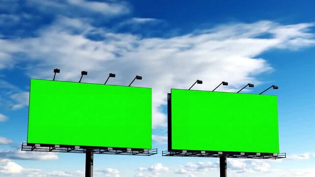 Outdoor Advertising Canvas with two blank green billboards or large displays and moving white clouds against blue sky timelapse screen template mock up copy space chroma key time lapse concept