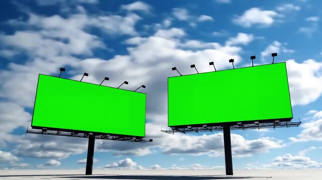 Green Screen Technology with two blank billboards or large displays and moving white clouds against blue sky timelapse advertising template mock up copy space chroma key time lapse concept distortion