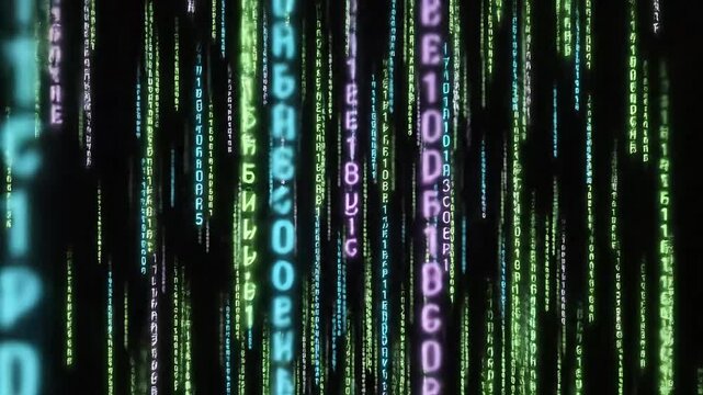 Digital data code falling in rows on a black background, with a vibrant display of different colors