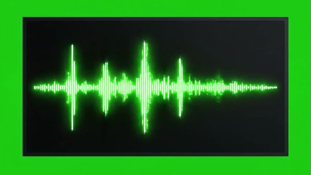 Audio Spectrum Visualization with specturm green color recording studio computer screen 4k distortion, overlay, glitch, static noise, scan lines on black background, animated video loop