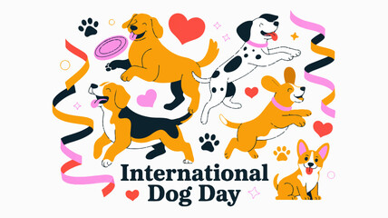 Fototapeta premium Colorful dogs celebrate international dog day with hearts and ribbons
