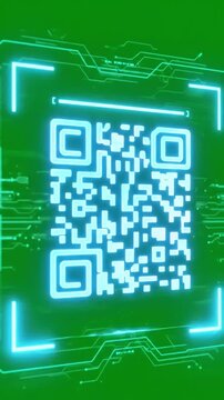 Green Screen qr code scanner animation on futuristic barcode quick response scanning bar chroma key scene 2 with distortion, overlay, glitch, static noise, scan lines black background, 4k animated