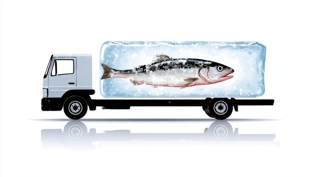 Vector cutout of a refrigerated fish transport truck carrying a large ice block with a frozen fish inside. White background. Cold chain logistics, seafood transport, freshness and food distribution.