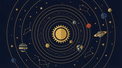 Obraz premium Golden solar system illustration with planets, stars, and constellations on dark background.