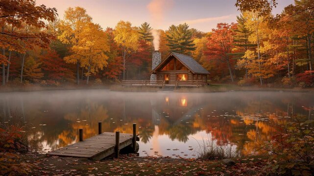 Cozy autumn cabin by peaceful lake with vibrant fall foliage and misty morning atmosphere