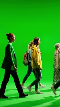 Green Screen different casual people walking by on a chroma key scene 3 with distortion, overlay, glitch, static noise, scan lines black background, 4k animated video loop