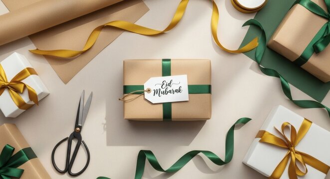 EID Gift Wrapping Flat Lay with Ribbon Scissors and Holiday Decorations