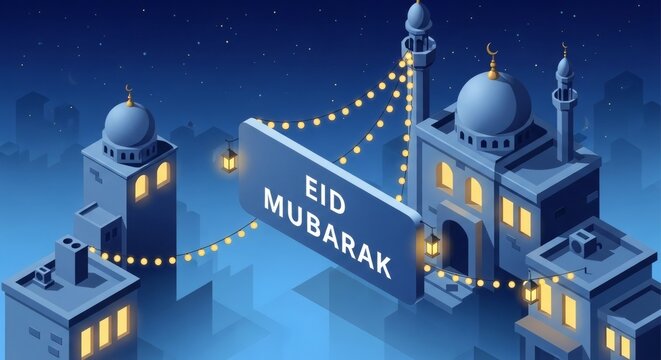Eid Mubarak Mosque Illustration with Lantern Lights Islamic Night Celebration