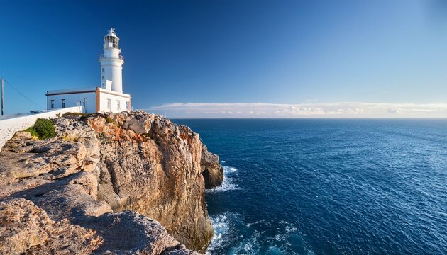 a white lighthouse stands tall on a rugged cliff overlooking the vast blue ocean on a sunny day