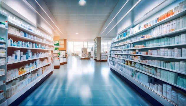 abstract pharmacy drugstore interior with medicine products on shelves healthcare concept blurred background