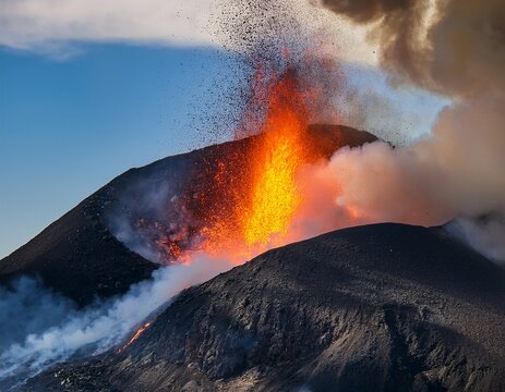 active volcano eruption spewing smoke and molten lava down mountain slope