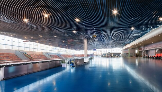 blurred view of concourse with concession stands and posters in contemporary indoor arena