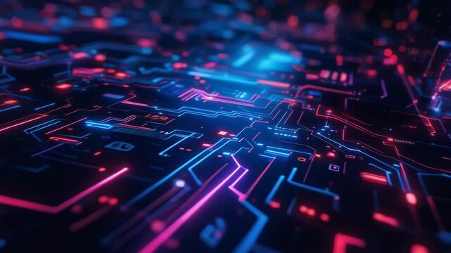 Futuristic glowing circuit board with neon blue and red lights technology background