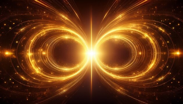 two glowing golden ethereal portals or wormholes shimmering with light particles against a dark textured background representing cosmic energy or a gateway
