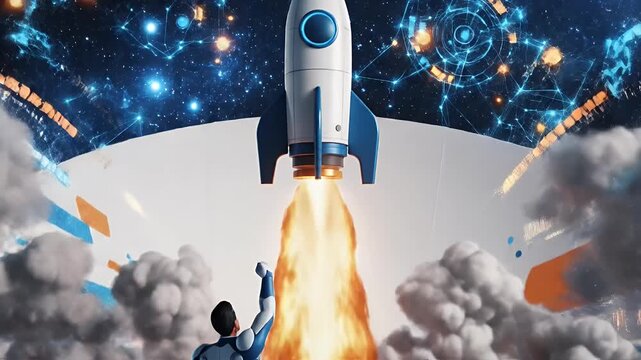 Man in Futuristic Suit Pushes Button Launching Rocket into Space