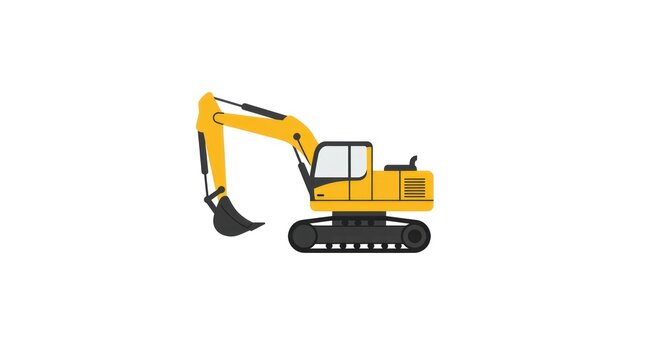 Excavator Flat Icon of a Yellow Construction Machine