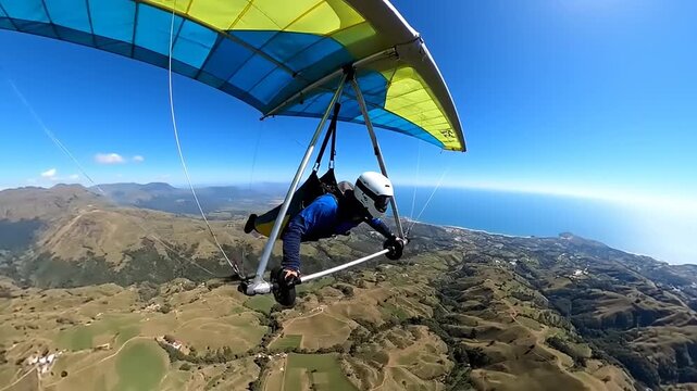 Person flying a hang glider over a scenic mountainous landscape with vast ocean views