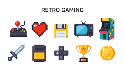 Row of ten flatstyle retro gaming icons on a white background © zyaa