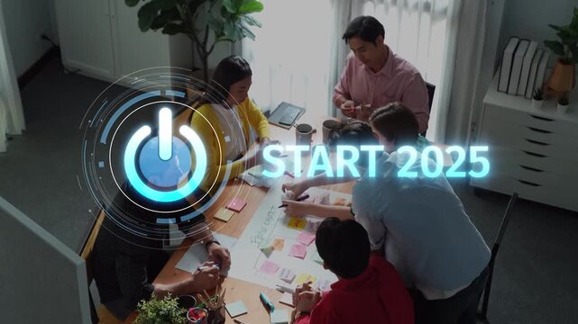 A diverse group of professionals collaborates in an office setting, focusing on planning and innovative strategies for the upcoming year. Energetic and engaged teamwork is evident. Raster