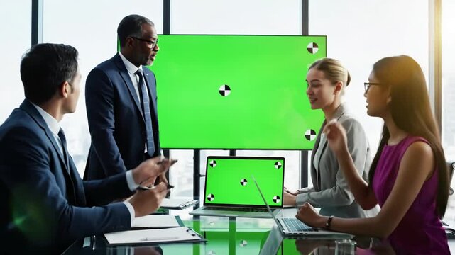 Green Screen business people laptop and mockup in meeting for strategy planning or team discussion at office group of employees teamwork collaboration with computer display tracking markers scene 4