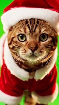 Green Screen 4k bengal cat on isolated with chroma key real shot dressed up in santa claus costume for christmas walking at camera scene 3 distortion, overlay, glitch, static noise, scan lines black