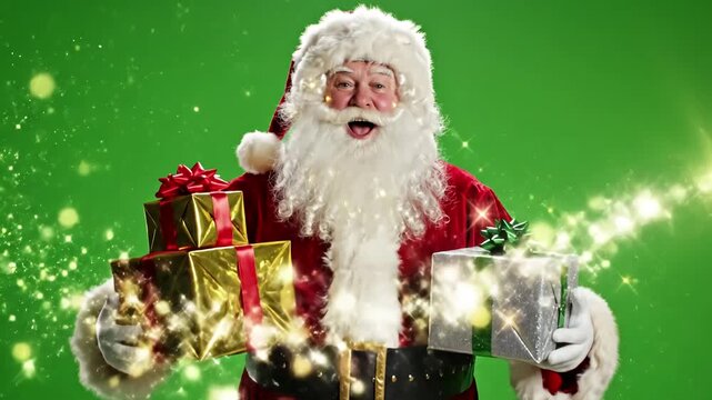 Green Screen santa with gifts on old authentic claus holding christmas gift boxes in both hands chroma key background for keying scene 1 distortion, overlay, glitch, static noise, scan lines black