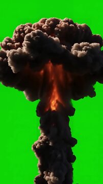Green Screen motion animation of atomic bomb explosion on background nuclear fire mushroom cloud in world war apocalypse armageddon effect ready to chroma key scene 1 with distortion, overlay, glitch