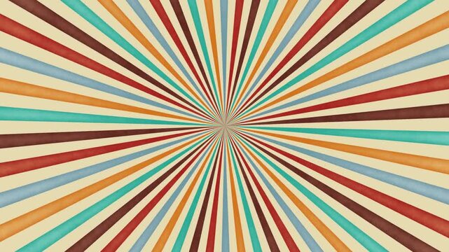 Retro, abstract, multicolored wavy, groovy, hipster, flat, abstract, cartoon looping sky background in 70s style with flashing white sunbeams.