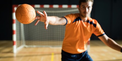 Focused handball player in orange jersey throwing ball on indoor court in sports hall with goal net and dynamic motion blur