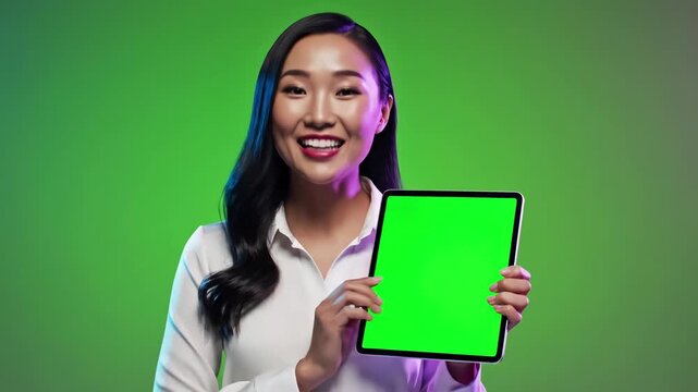 Green Screen close up of woman holding in hands a digital tablet with for internet online chromakey advertising scene 4 distortion, overlay, glitch, static noise, scan lines on black background, 4k